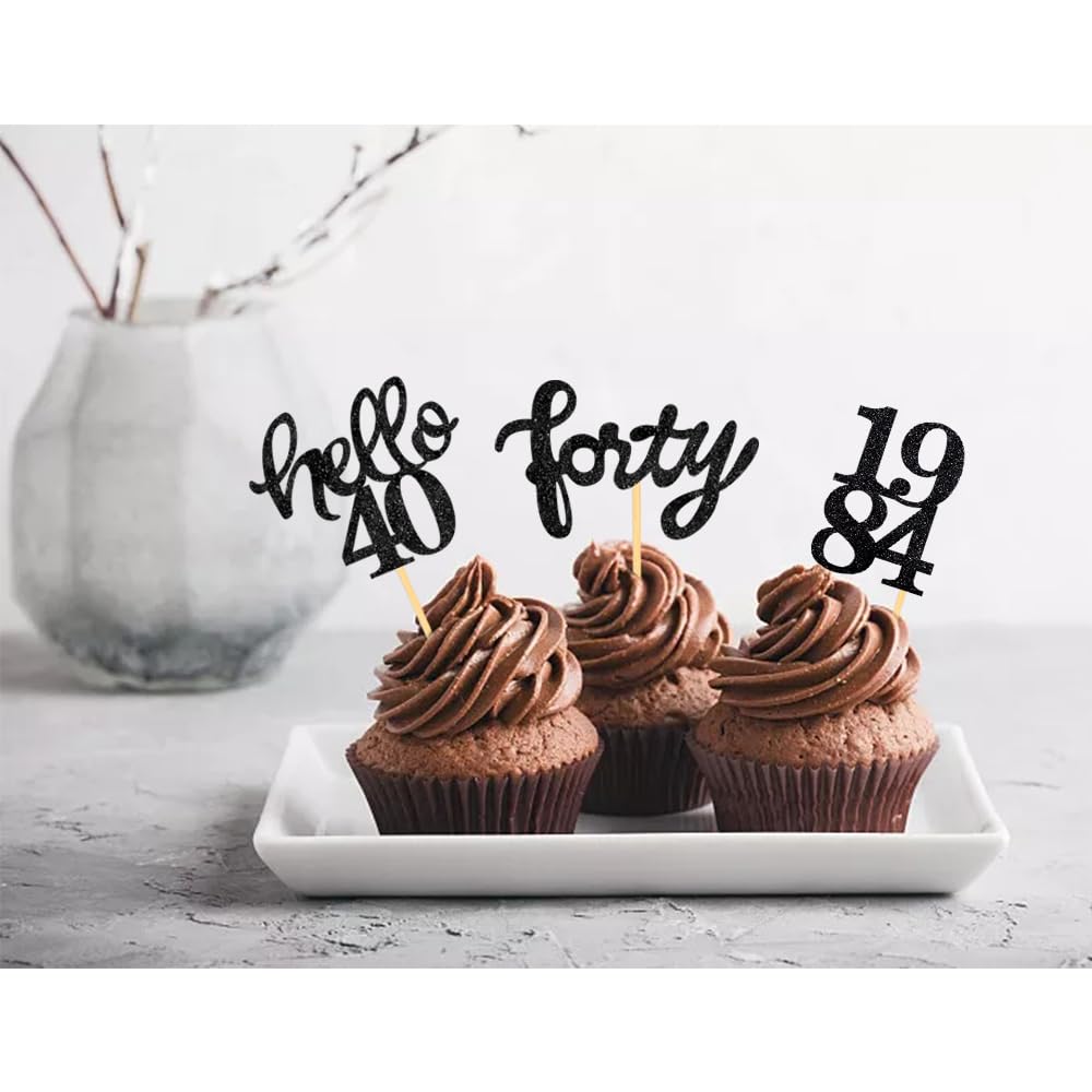 Black Glitter 40Th Birthday Cupcake Toppers 40Th Birthday Celebrating Party Decorations - Set Of 24