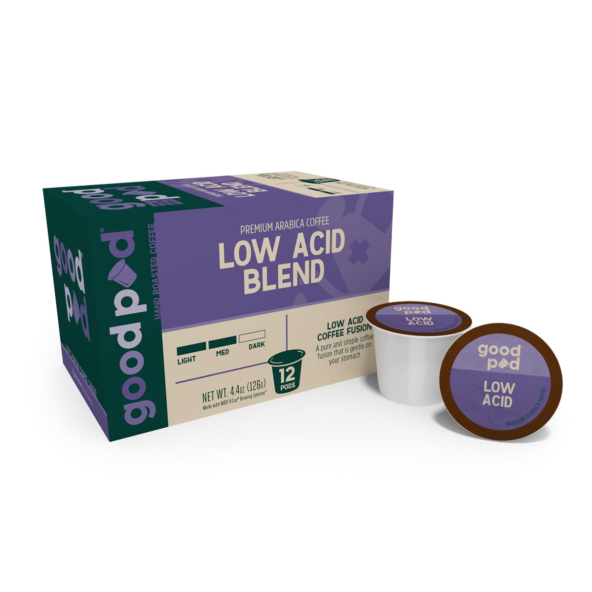 goodPOD Low Acid Blend Single Serve Coffee K Cup Pods, Organic Arabica Coffee, Medium Roast, 12 Count