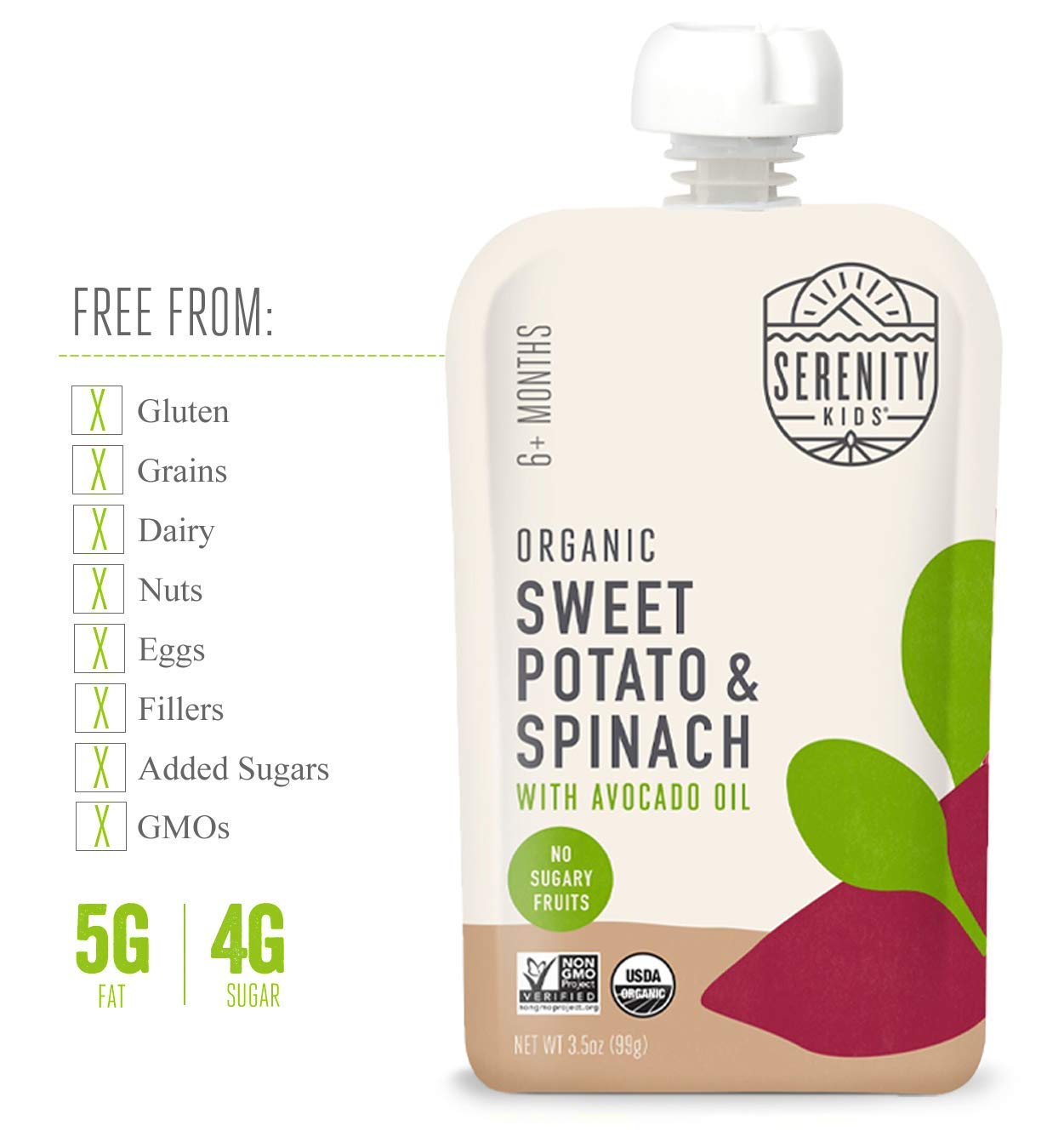 Serenity Kids 6+ Months Usda Organic Veggie Puree Baby Food Pouches - No Added Sugar Or Fruit & Bpa-Free & Allergen-Free - Sweet Potato & Spinach Baby Snacks - 3.5 Oz, 12 Pack