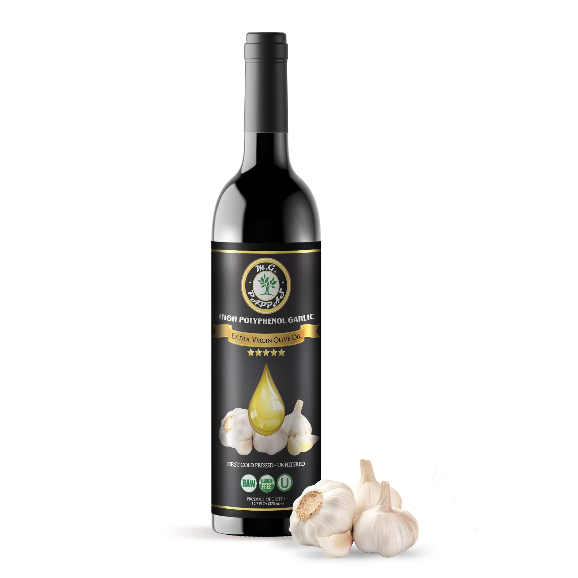 M.G. Pappas High Polyphenol Rich Garlic Infused Olive Oil - Extra Virgin Olive Oil Polyphenol Lab Report 650Mg/Kg - Cold Pressed