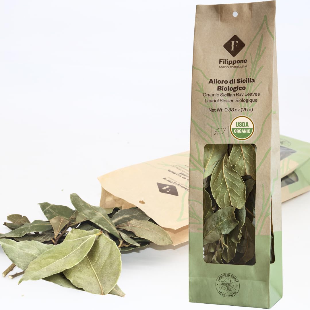 Organic Bay Leaves On Stem, 25 G (0.88 Oz), Laurel, Filippone, Picked Fresh Italian Dried Bay Leaf Sprigs, Sicilian, Freshly Gro