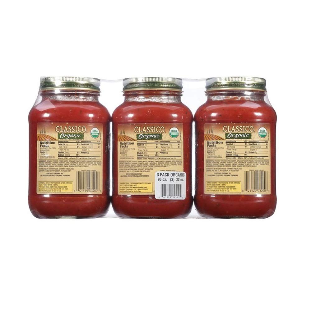 CLASSICO Organic Pasta Sauce, 3-Pack of 32 oz Jars, 2 lb Total Weight, Non-GMO, Gluten-Free