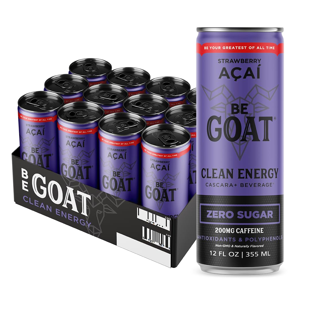 BeGOAT ZERO SUGAR Strawberry Acai Energy Drink | 200 Mg Caffeine | Vegan, Gluten-Free | 12 FL OZ (Pack of 12)