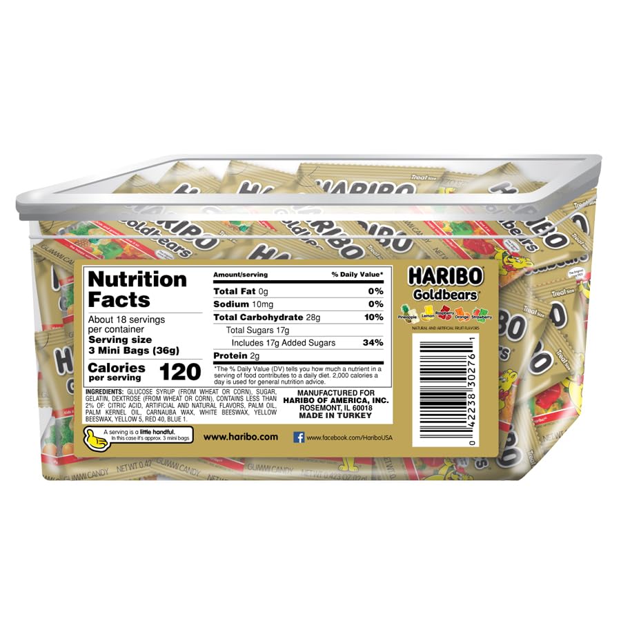 HARIBO Gummi Candy, Original Goldbears Gummy Bears, 22.8 Ounce Tub (54 Treat Size Packs) Delicious Soft & Chewy Sweet Snacks, As