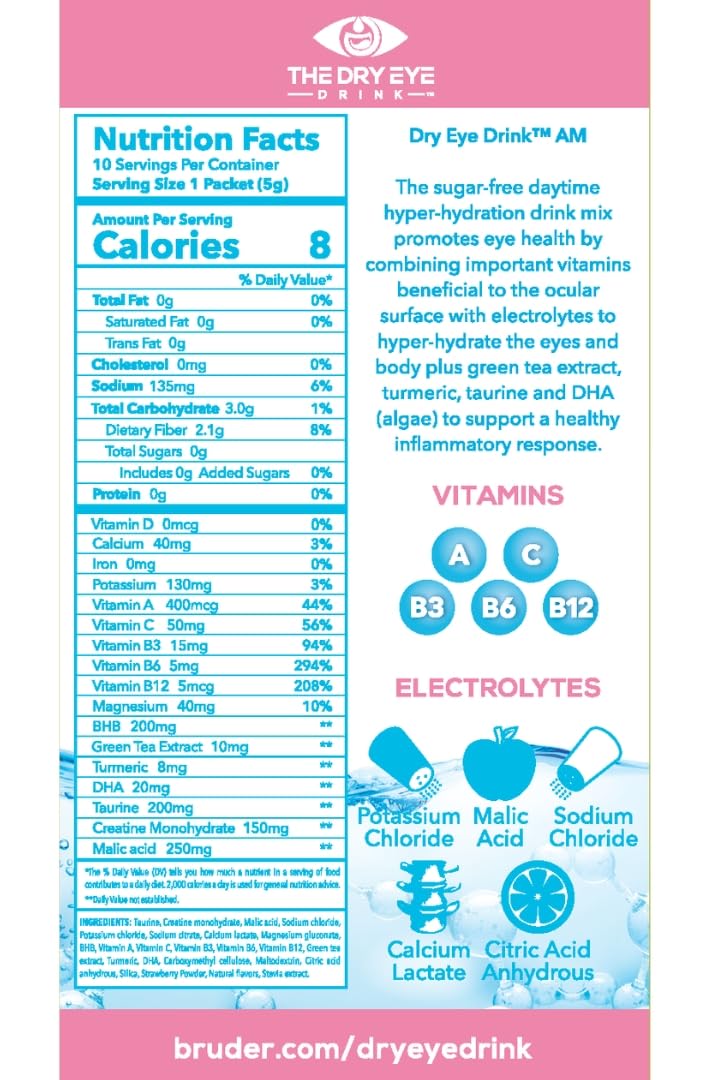 The Dry Eye Drink L Ultimate Hydration For Dry Eyes L Sugar-Free Electrolyte Powder Packets L Blended With Vitamins, Green Tea, Turmeric, Taurine, And Dha L 5G X 20 Packets (Strawberry Lemon Am/Pm)