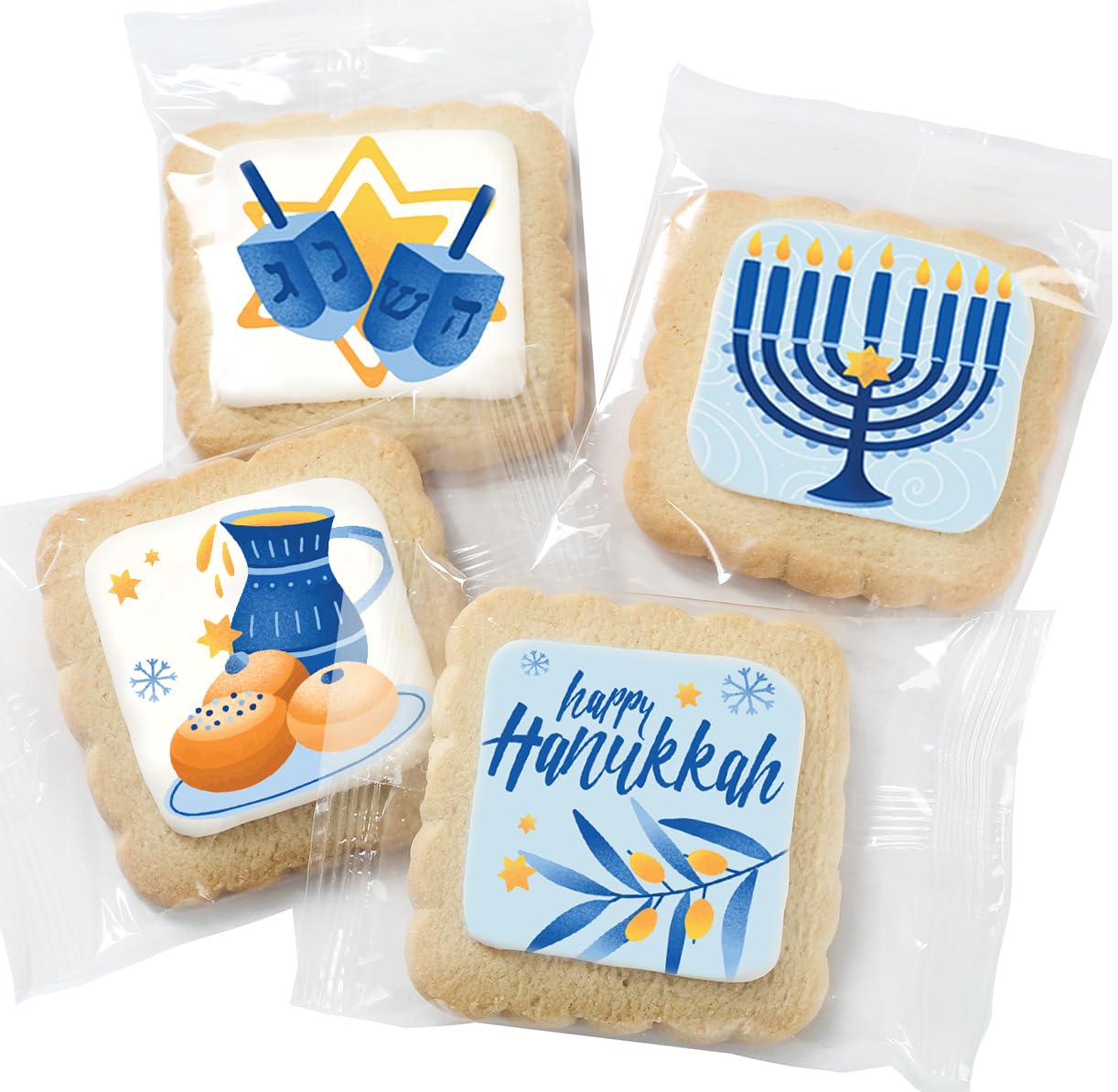Happy Hanukkah Cookies Gift Basket Kosher For Men Women Kids | Jewish Holiday Gourmet Corporate Food Gift Individually Wrapped | 12 Decorated Sugar Cookies Menorah Donuts Dreidels