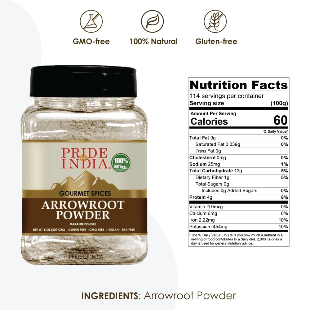 Pride Of India – Natural Arrowroot Ground Powder – Baking & Thickening Agent – Gluten & Gmo Free – Good For Sauces, Fritters & Fries – Easy To Use – 8 Oz. Medium Dual Sifter Jar