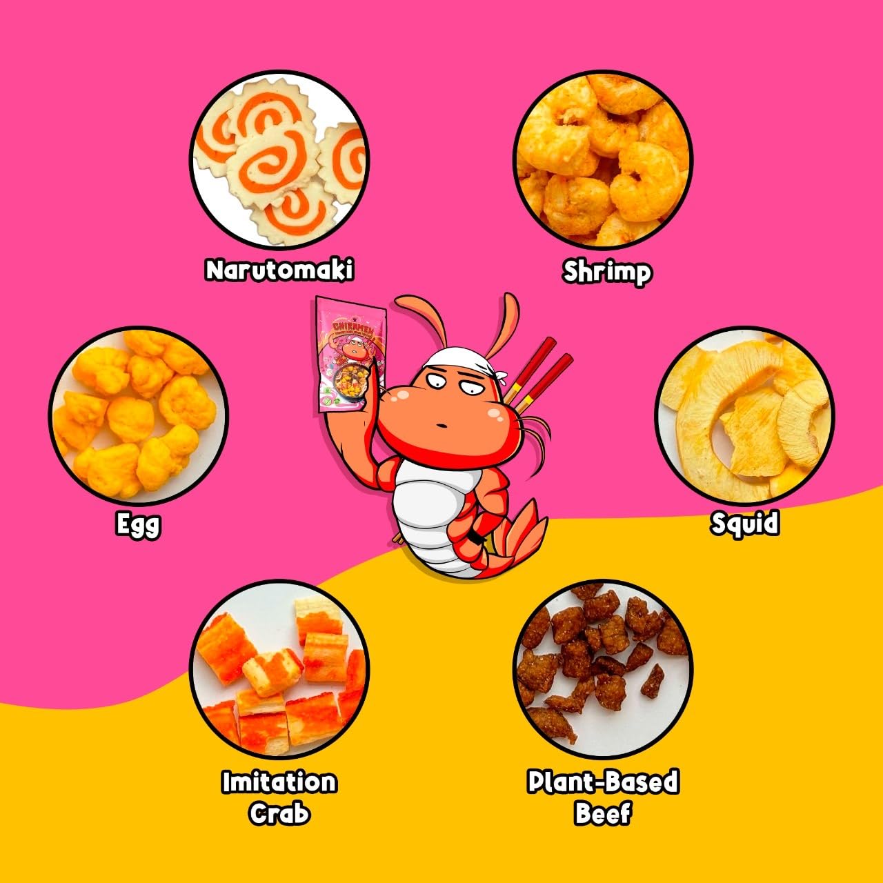 CHIRAMEN Dried Seafood Mix Ramen Toppings  Shrimp  Fish Cake  Squid  compatible with Crab  Eggs  Perfect for Cup Noodles.