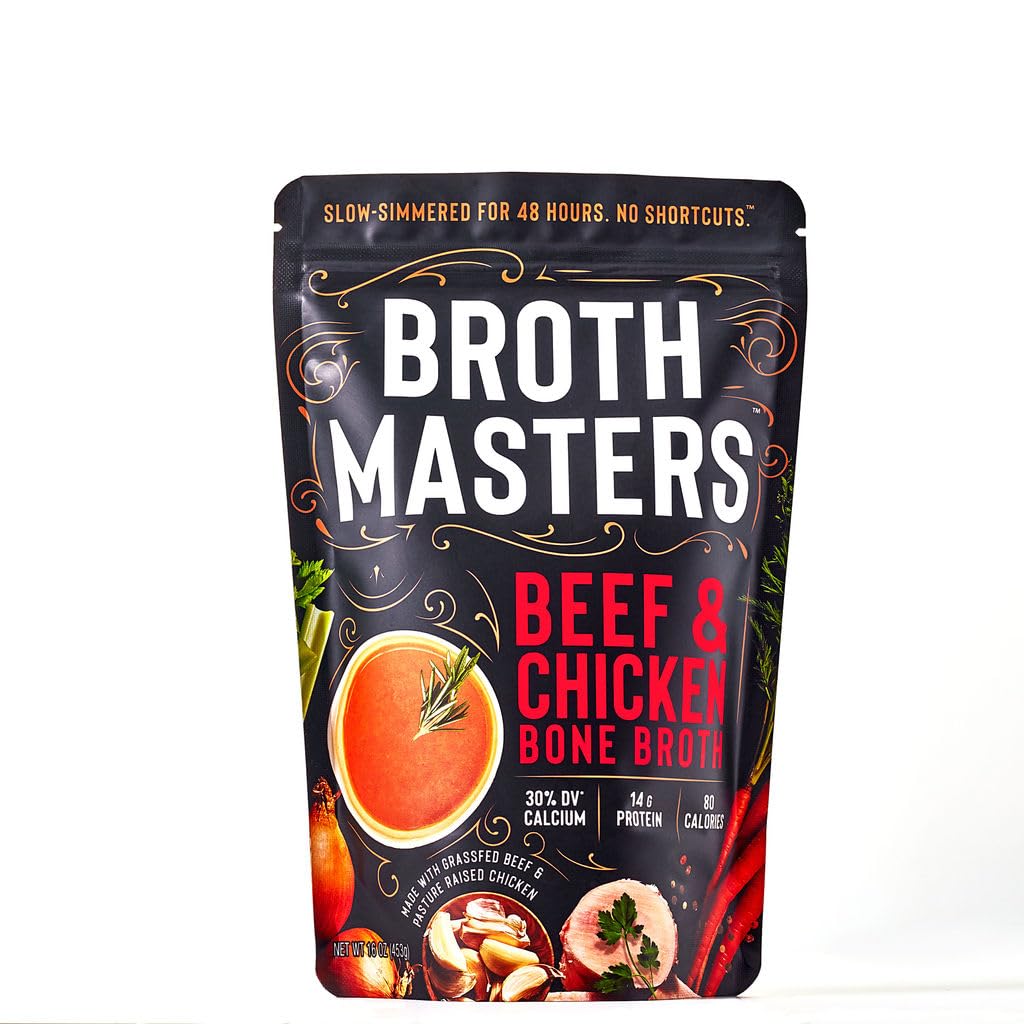 BrothMasters Bone Broth - 15 Pack (16 oz each) - Calcium Rich, Grass Fed Beef & Pasture Raised Chicken, Organic Vegetables