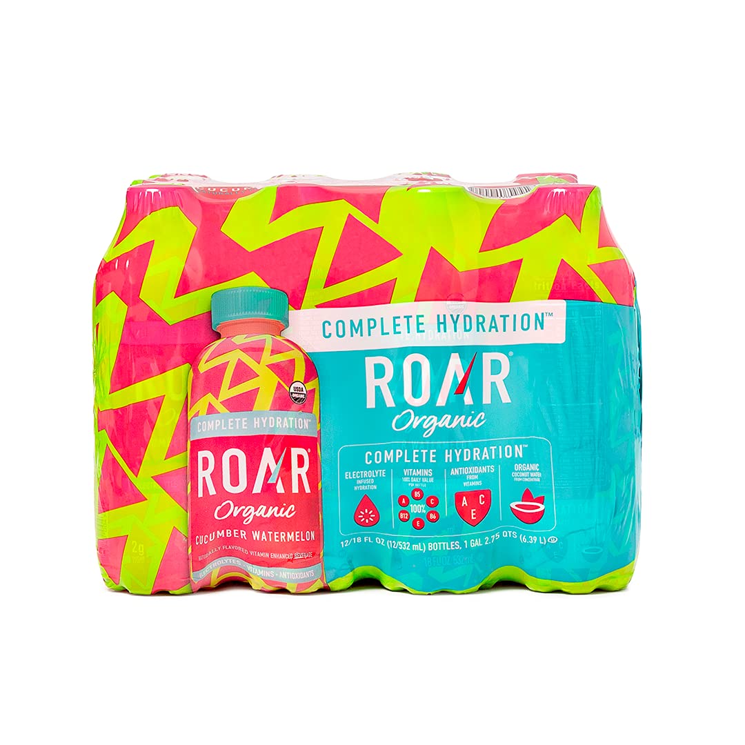 Roar Organic Electrolyte Infusions - Usda Organic - Cucumber Watermelon - With Antioxidants, B Vitamins, Low-Calorie, Low-Sugar, Low-Carb, Coconut Water Infused Beverage 18 Fl Oz (Pack Of 12)