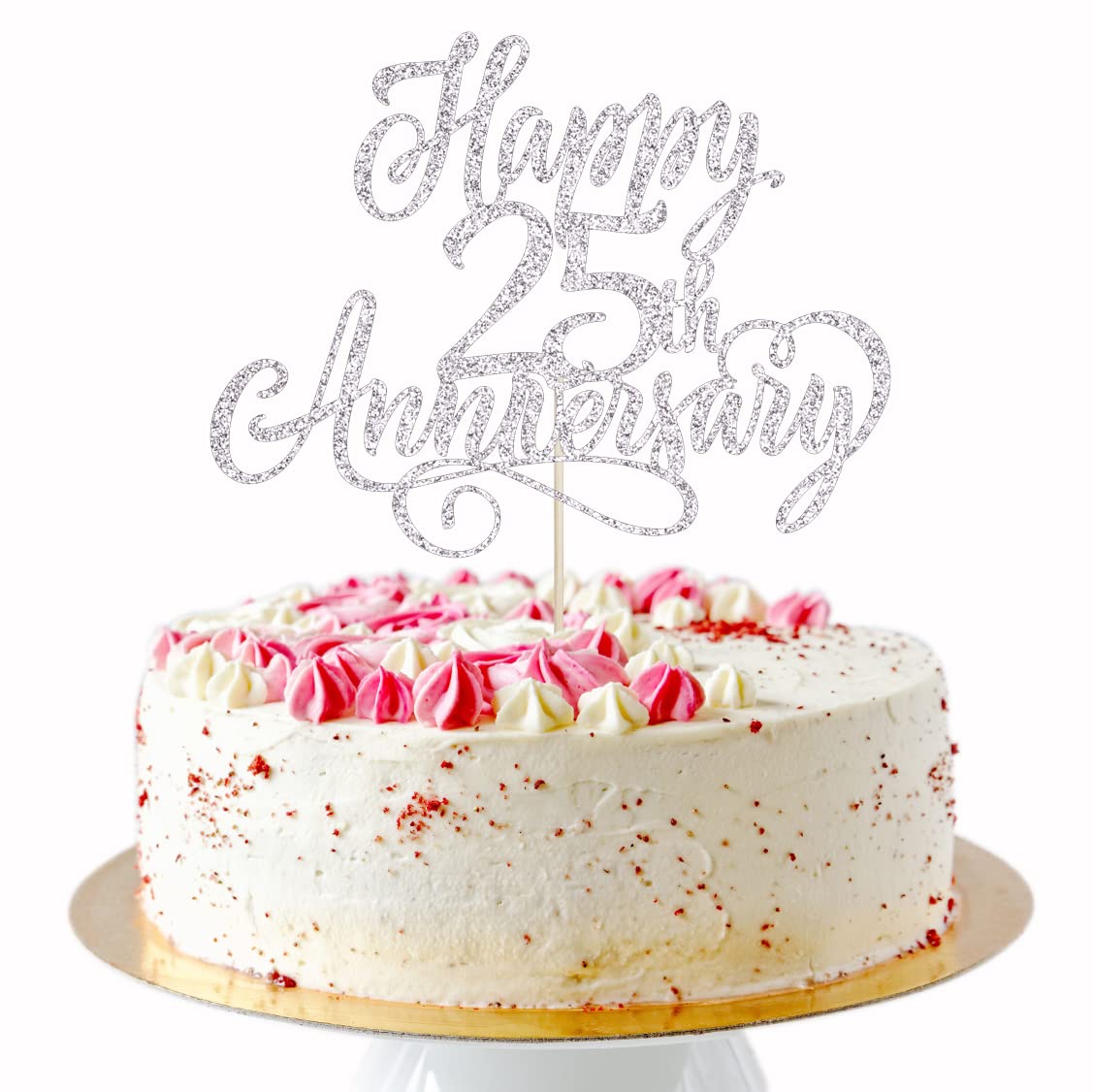 Arokippry Silver Glitter Happy 25Th Anniversary Cake Topper - Company Anniversary Party /25Th Birthday Party Decorations