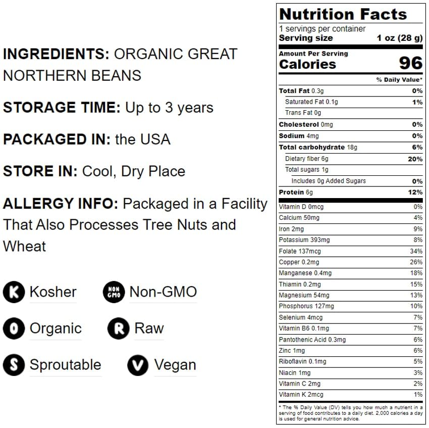 Food To Live Organic Great Northern Beans, 2 Pounds - Dried, Non-Gmo, Kosher, Raw, Sproutable, Bulk Seeds, Product Of The Usa