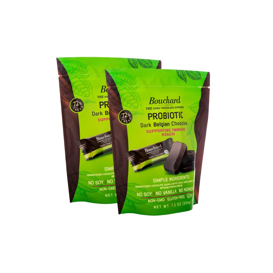 Bouchard Probiotic Dark Belgian Chocolate (72% Cacao) | Individually Wrapped in Resealable Bag | No Soy, No Vanilla, No Nonsense