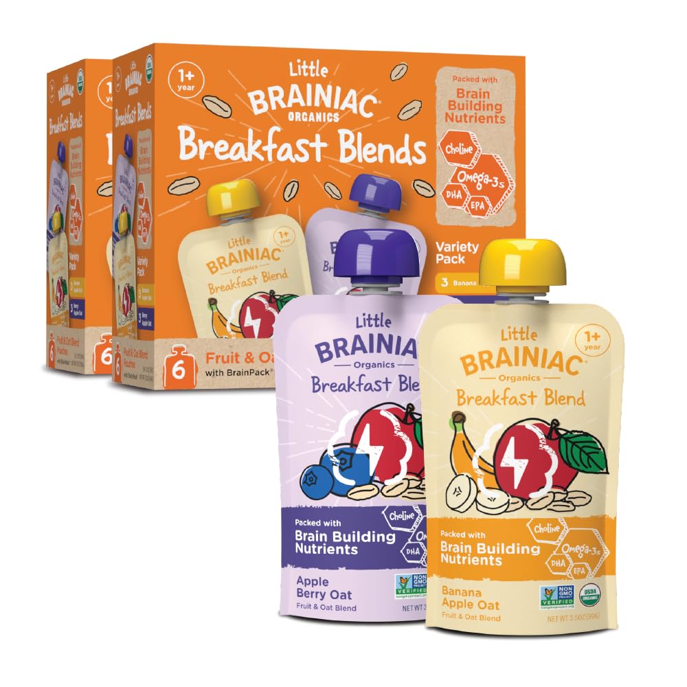 Little Brainiac Variety Pack Breakfast Blend Organic Fruit & Oat Toddler Pouches, Banana Apple Oat & Apple Berry Oat with Omega-