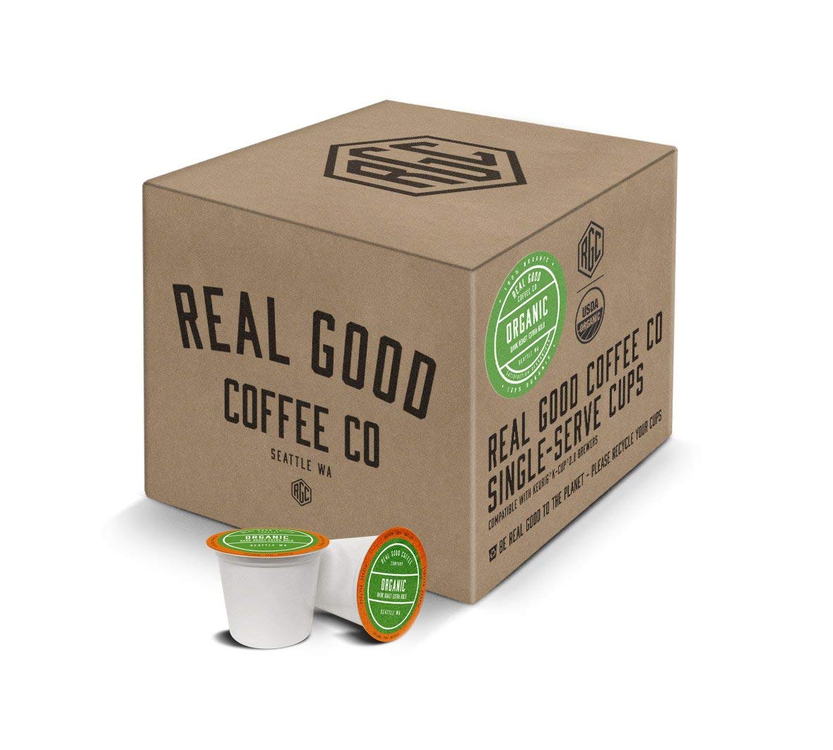 Real Good Coffee Company Single Use Coffee Pods - Organic Dark Roast - K-Cup Compatible - 36 Count - Brown