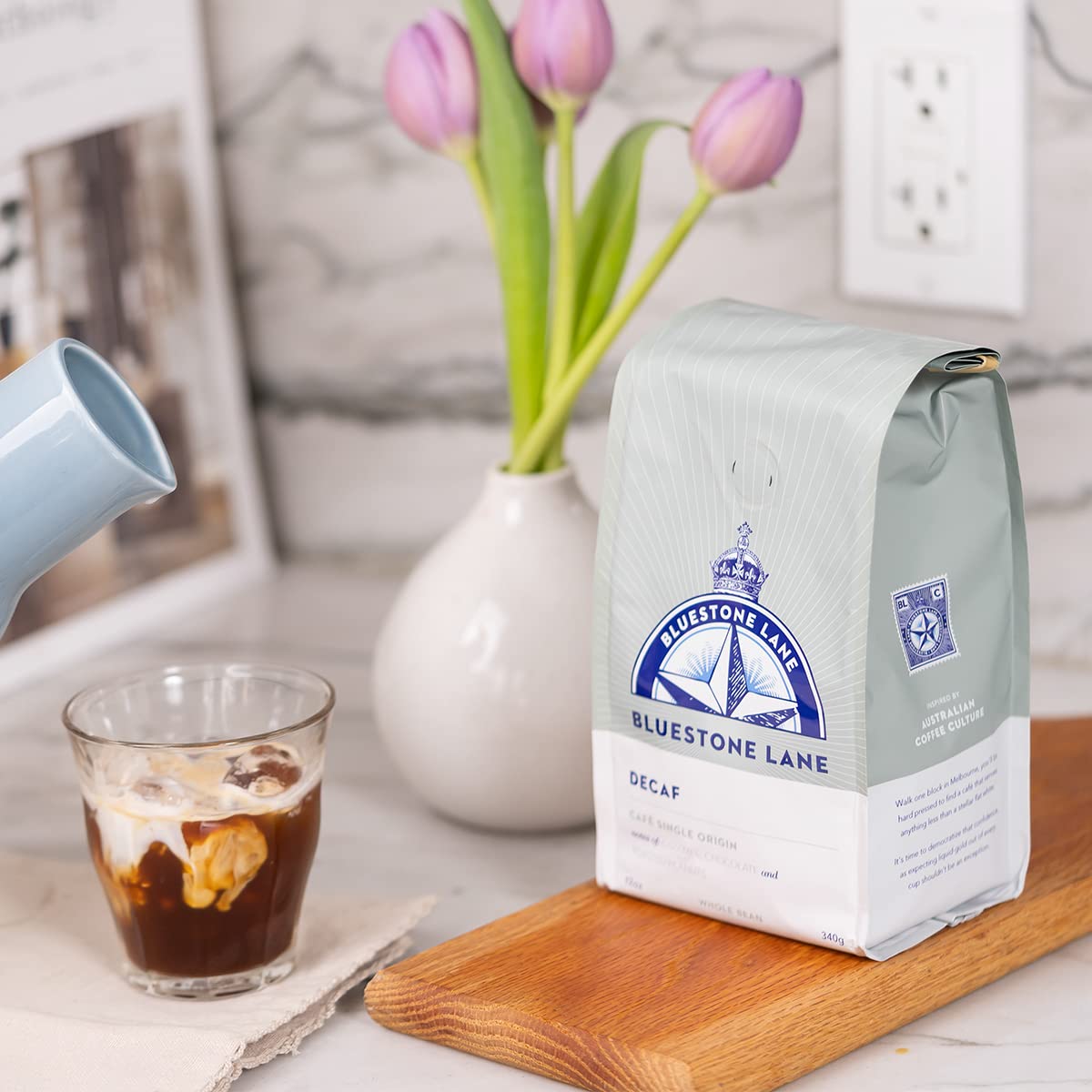 Bluestone Lane Decaf Colombian Ground Coffee, Medium Roast, 12 Ounce Bag, Espresso & Brew Blend