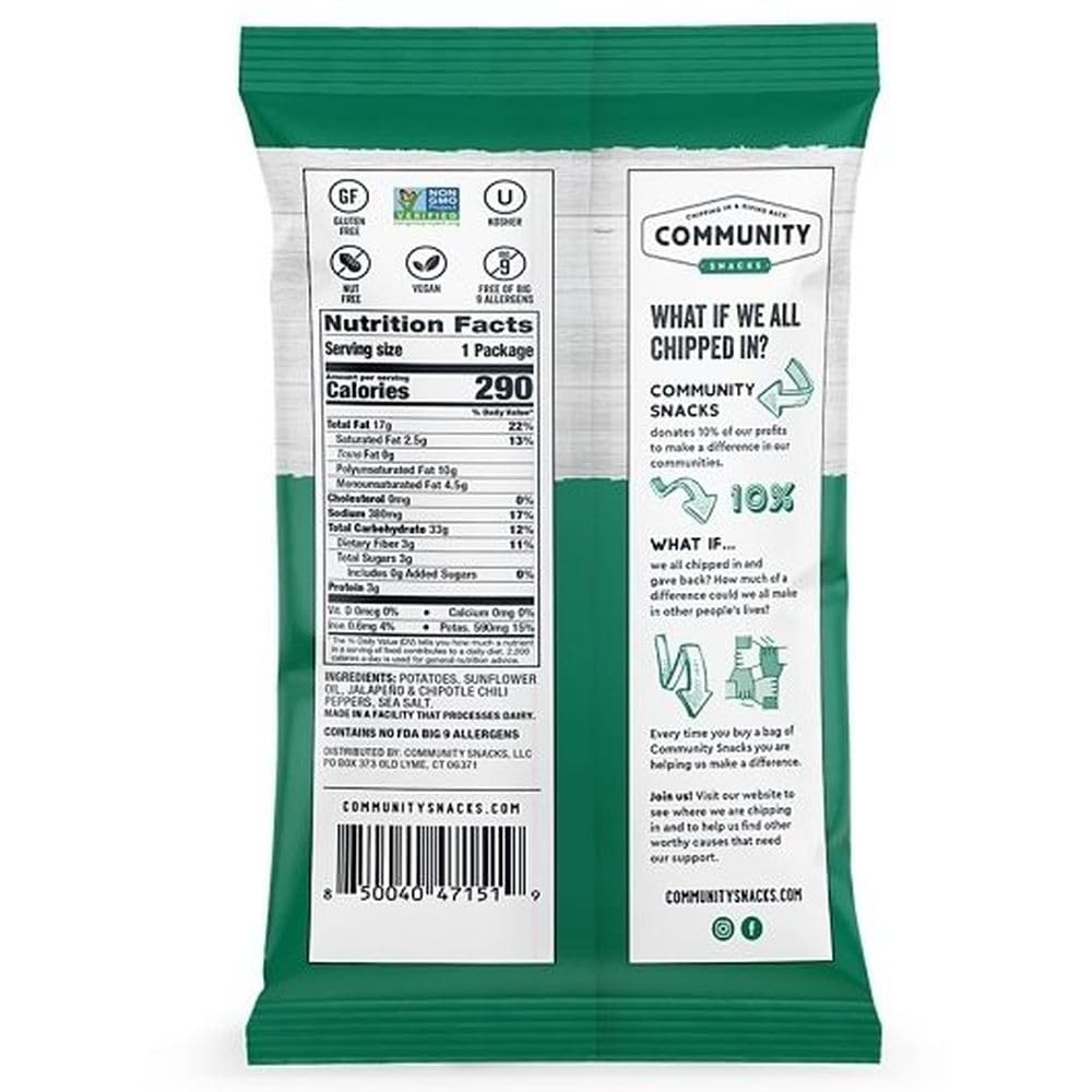 Community Snacks - 25 Count Fire Roasted Jalapeo Flavor Kettle Cooked Potato Chips - 2 Oz Bags - Non-GMO, Gluten-Free, Kosher, V