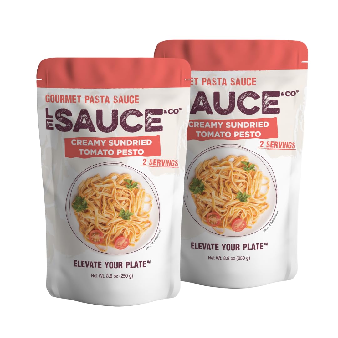 Always Fresh, Two Servings, Creamy Sun-Dried Tomato Pesto Gourmet Pasta Sauce (2-Pack) Le Sauce & Co. Imported Italian San Marzano Tomatoes, Creamy Pasta Sauce, Penne Rosa, All Natural, Spirit-Inspired Flavor Sauce