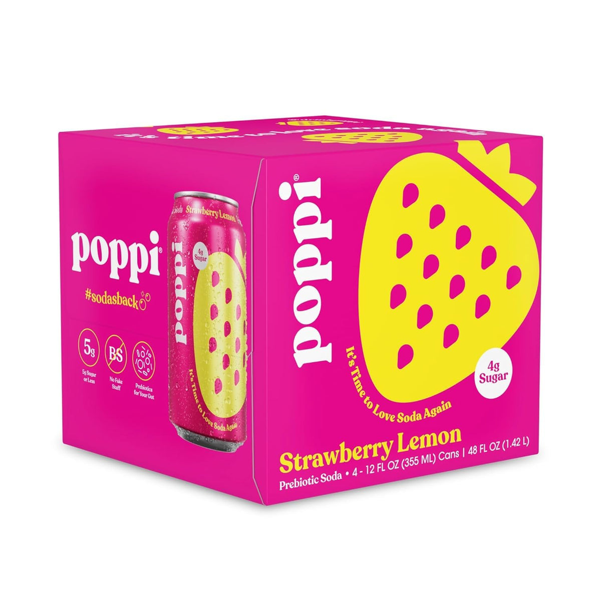 KD Chocolates Poppii Strawberry Lemon Prebiotic Soda, 12 oz, Pack of 4 Cans