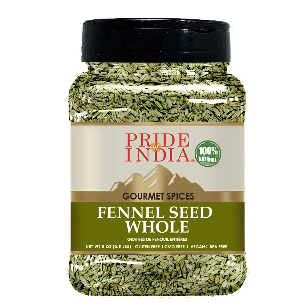 Pride Of India Fennel Seed Whole Gourmet Spice - Fresh & Aromatic - 8 oz Medium Dual Sifter Jar - GMO/Gluten Free