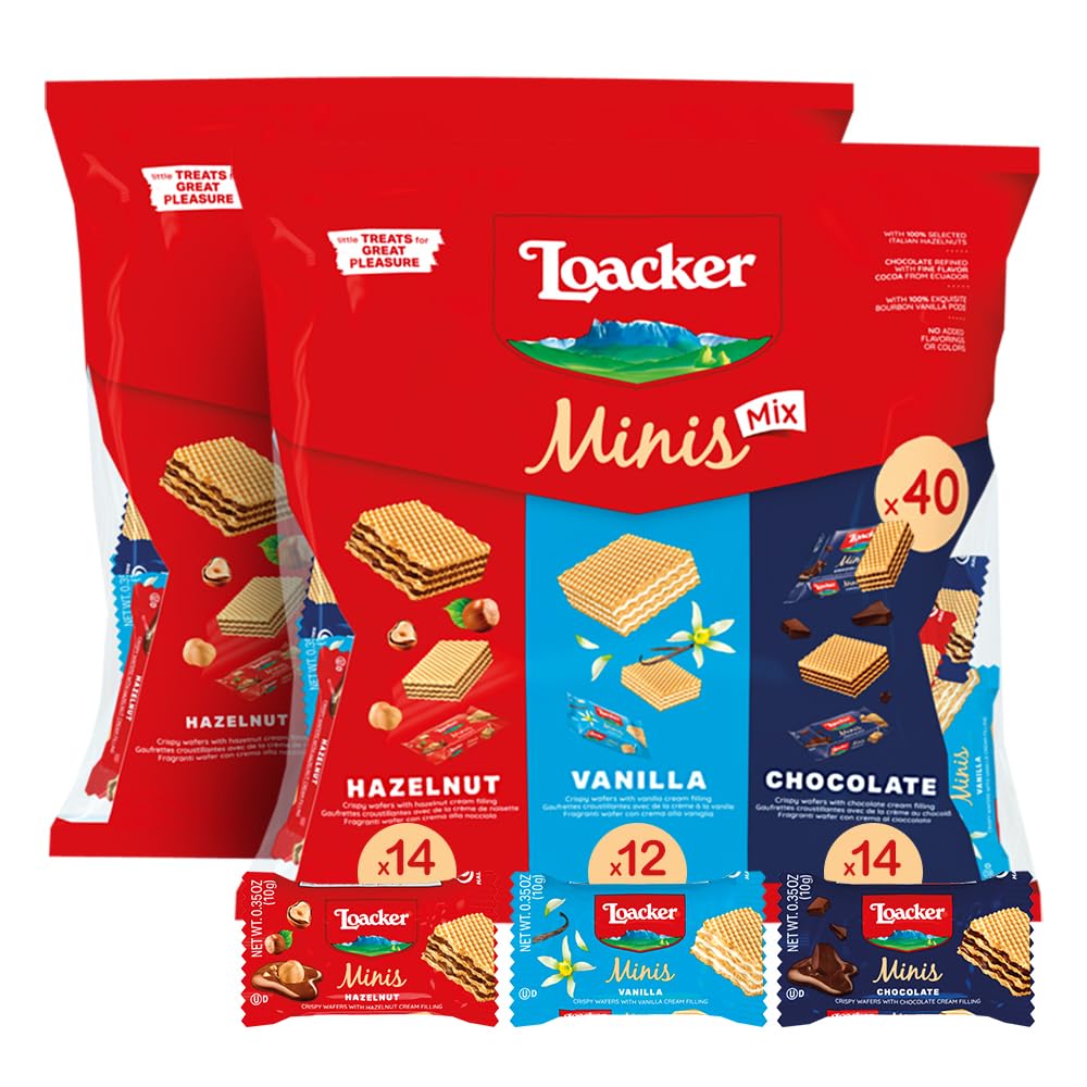 Loacker Minis Wafer Variety Pack - 30% Less Sugar - Top-High Standardssorted Cream Filled Wafer Cookies - Mix Of Hazelnut  Chocolate And Vanilla Crispy Wafers - Non-Gmo - Sustainably - Pouch (X2) 0.35Oz  80 Individually Wrapped Snack Packs