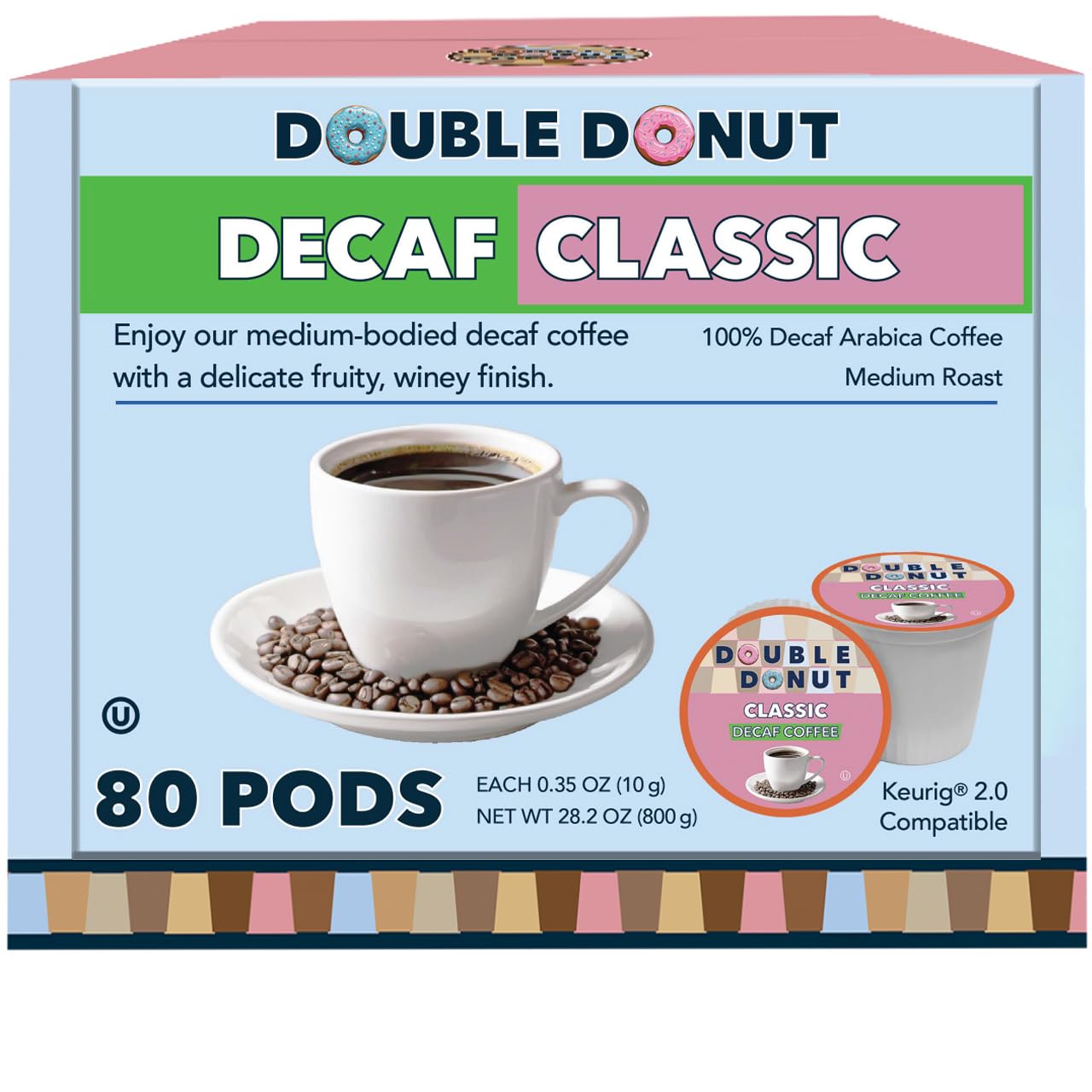 Double Donut Coffee Decaf Medium Roast Pods for Keurig, 80 Count, Recyclable