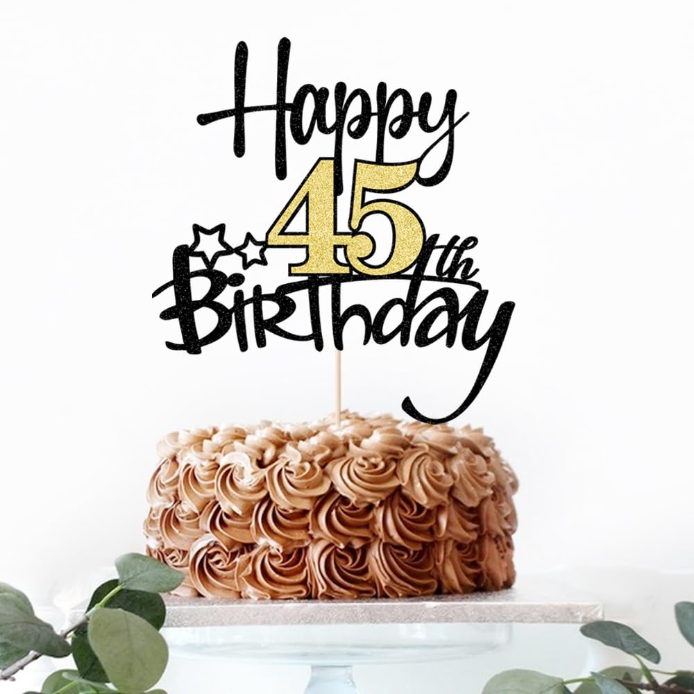 Kaoenla Black Gold Glitter Happy 45Th Birthday Cake Topper - Hello 45/Cheers 45,Happy Forty-Five Birthday Anniversary,45 Years O