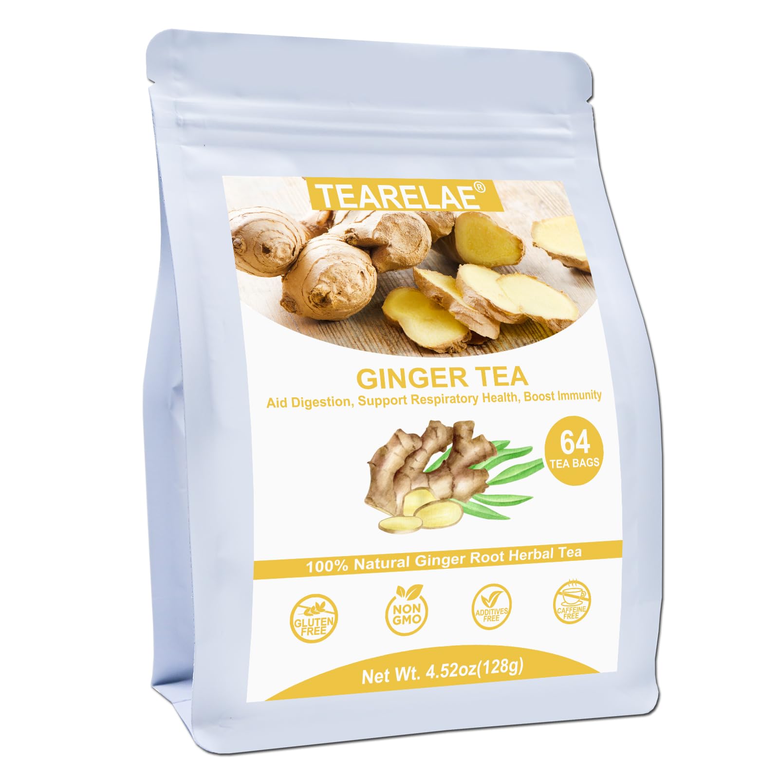 TEARELAE Ginger Tea Bags - 100% Pure Ginger Root, Caffeine-free, Non-GMO - 64 Count