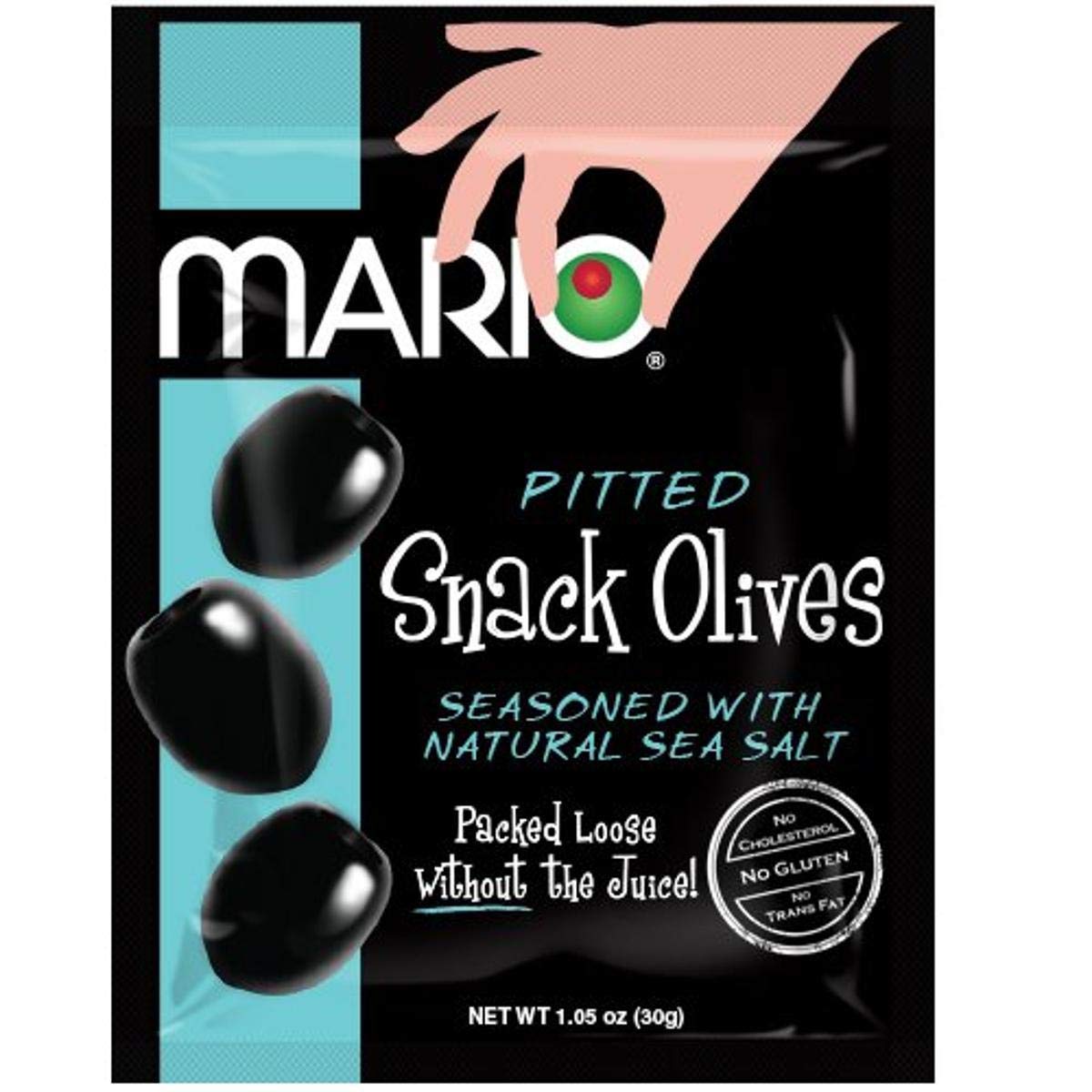 Mario Camacho Foods Pitted Snack Olives - Black Olives with Sea Salt - 1.05 oz Pouches (Pack of 12)
