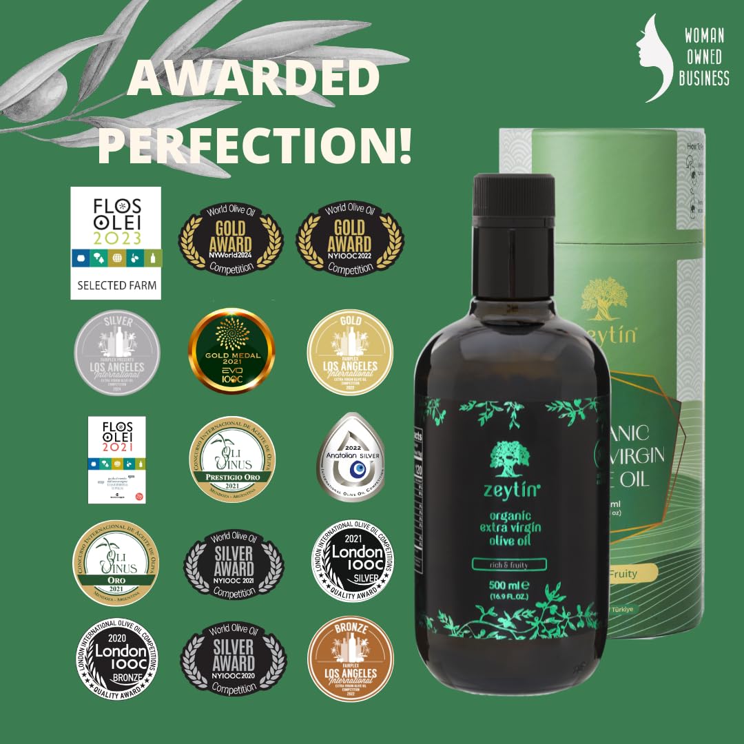 Zeytin Olive Oil Extra Virgin - Gold Medal & Early Harvest - Fresh 2024 Harvest, Bottled In May 2024 - New Luxury Packaging - Ve