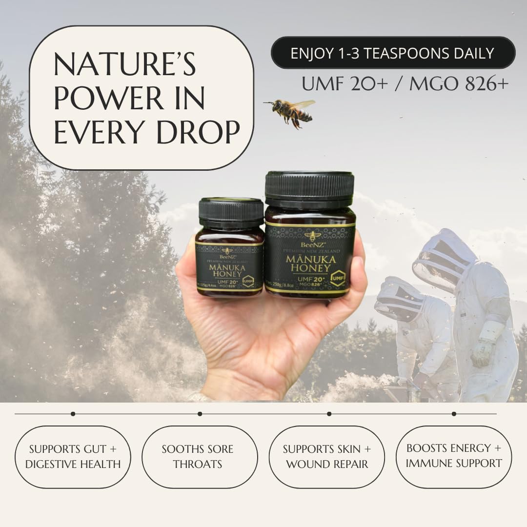 BeeNZ Raw Manuka Honey, Certified UMF 20+ (MGO 829+), Pure New Zealand Monofloral Manuka, Natural Sweetener, Superfood Honey for