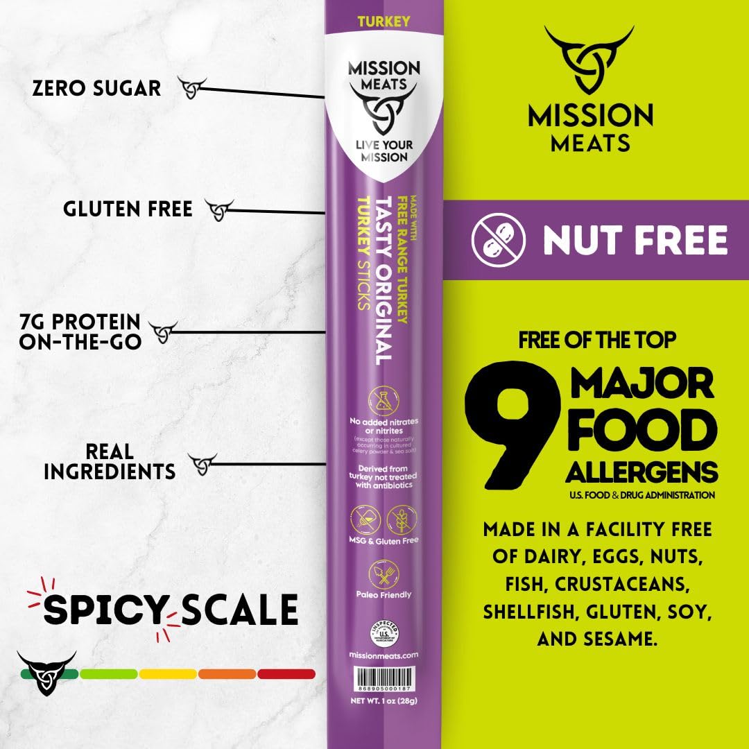 Mission Meats Turkey Sticks - Free Range, Gluten Free, Whole 30, Paleo, Keto Meat Sticks, Sugar Free Jerky Turkey Sticks Individ