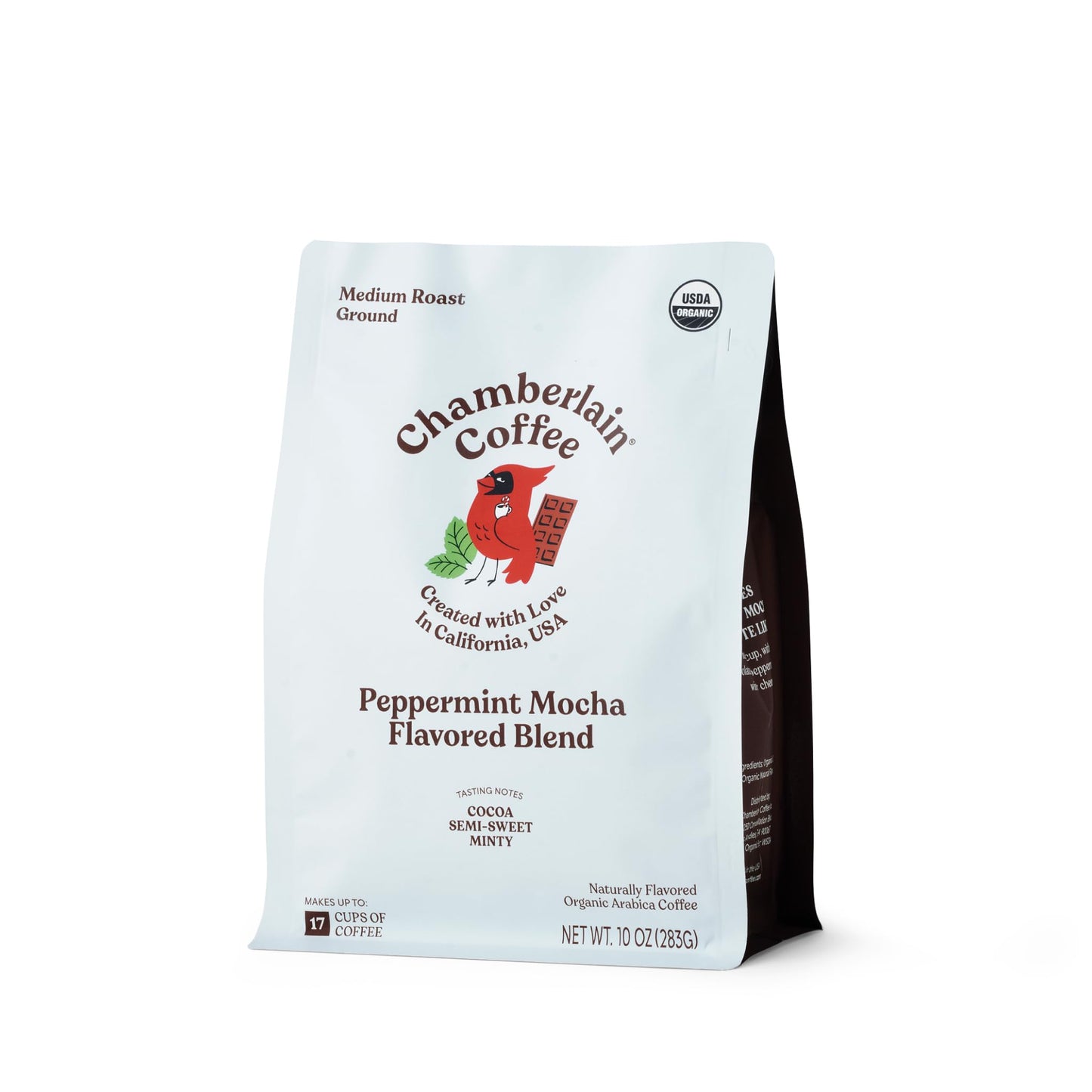 Chamberlain Coffee Clever Cardinal Peppermint Mocha Blend - Medium Roast Ground Coffee  Well-Balanced With Rich Dark Chocolate And Peppermint Notes  Freshly Roasted In California - 12 Oz