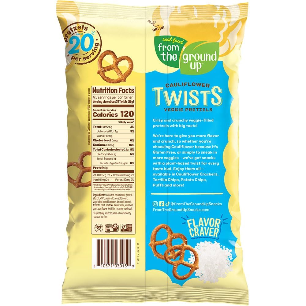 REAL FOOD FROM THE GROUND UP Vegan Cauliflower Pretzels, Gluten Free, Non-GMO, 4.5 oz (Pack of 6), Twists