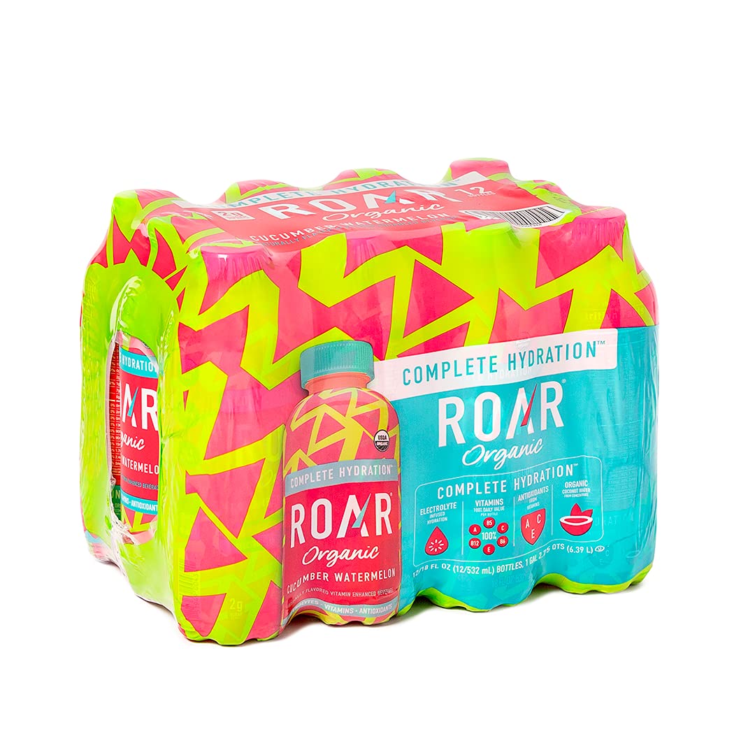 Roar Organic Electrolyte Infusions - Usda Organic - Cucumber Watermelon - With Antioxidants, B Vitamins, Low-Calorie, Low-Sugar, Low-Carb, Coconut Water Infused Beverage 18 Fl Oz (Pack Of 12)