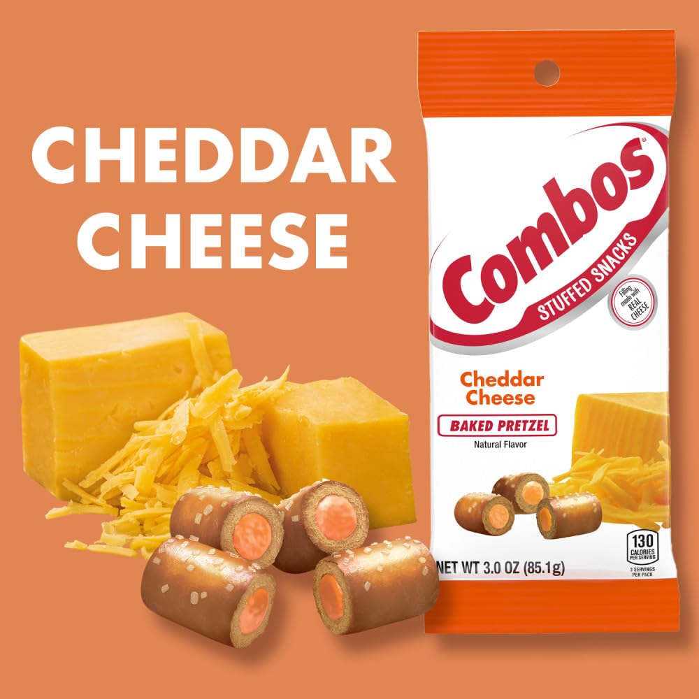 Combos Cheddar Cheese Baked Pretzel Snacks, 3 Oz Individual Bags, Pack of 12