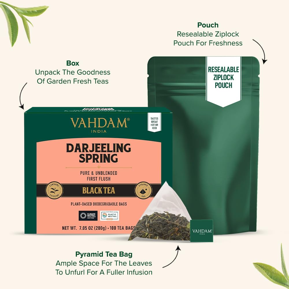 VAHDAM Exotic Darjeeling First Flush Tea Bags, High Caffeine, Non-GMO, Gluten Free, 100 Count, Resealable Ziplock Pouch
