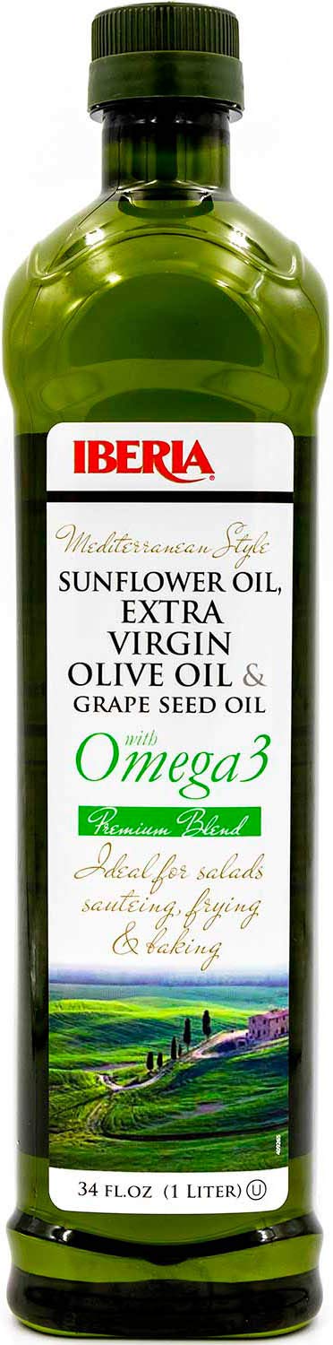 Iberia Omega 3 Cooking Oil Blend, Extra Virgin Olive Oil, Grapeseed Oil, Sunflower Oil, 34 fl oz, Mediterranean