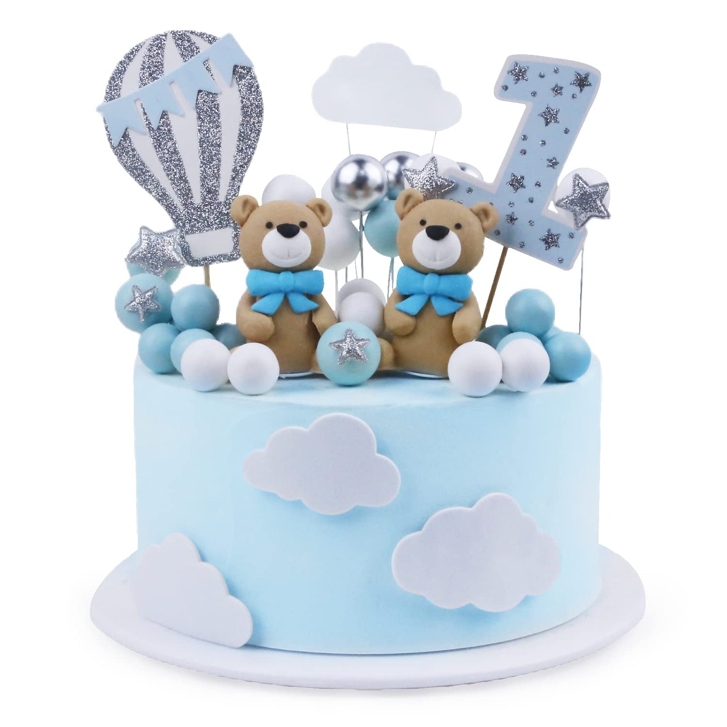 Blingabc Bear Cake Topper 49Pcs,3D Twin Bears With Balls Clouds Glitter Stars Cake Decoration For Boy Birthday Baby Shower Teddy