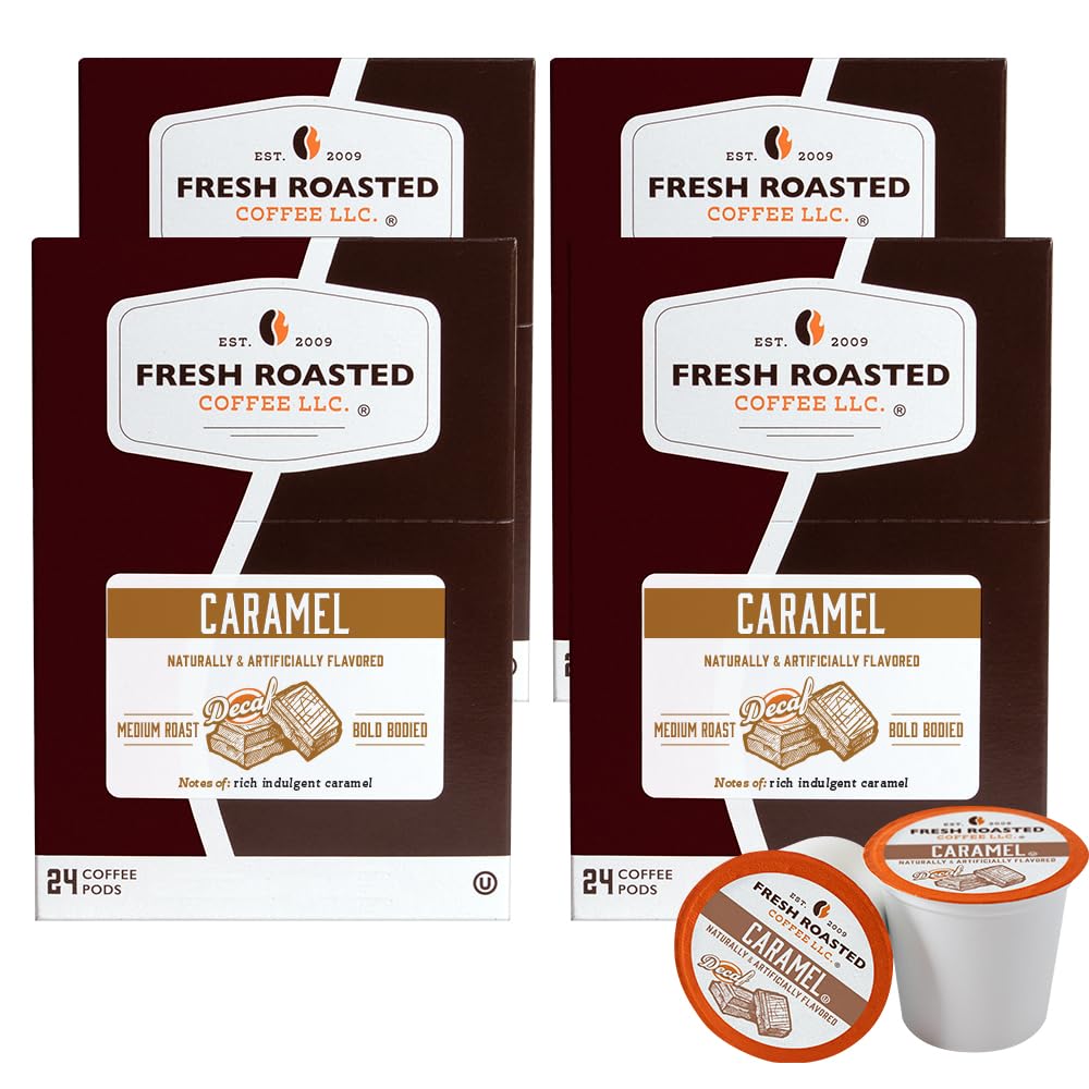 Fresh Roasted Coffee Decaf Caramel Flavored Coffee Pods K-Cup Compatible 96 Count