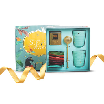 Chayam Stylish Tea Gift Set |10 Assorted Tea Bags  Magical Cinnamon 50G  2 Cups & Brass Strainer | Assorted Gift Box Hamper