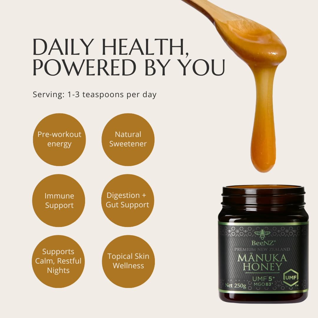 BeeNZ Raw Manuka Honey, Certified UMF 5+ (MGO 83+), Pure New Zealand Monofloral Manuka, Natural Sweetener, Superfood for Daily W