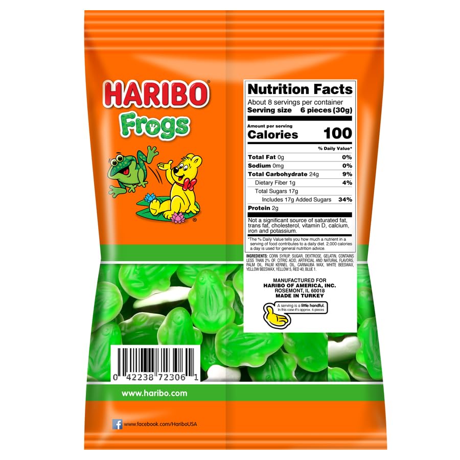 Haribo Gummi Candy Green & White Frogs, 8 Oz. Shareable Bag