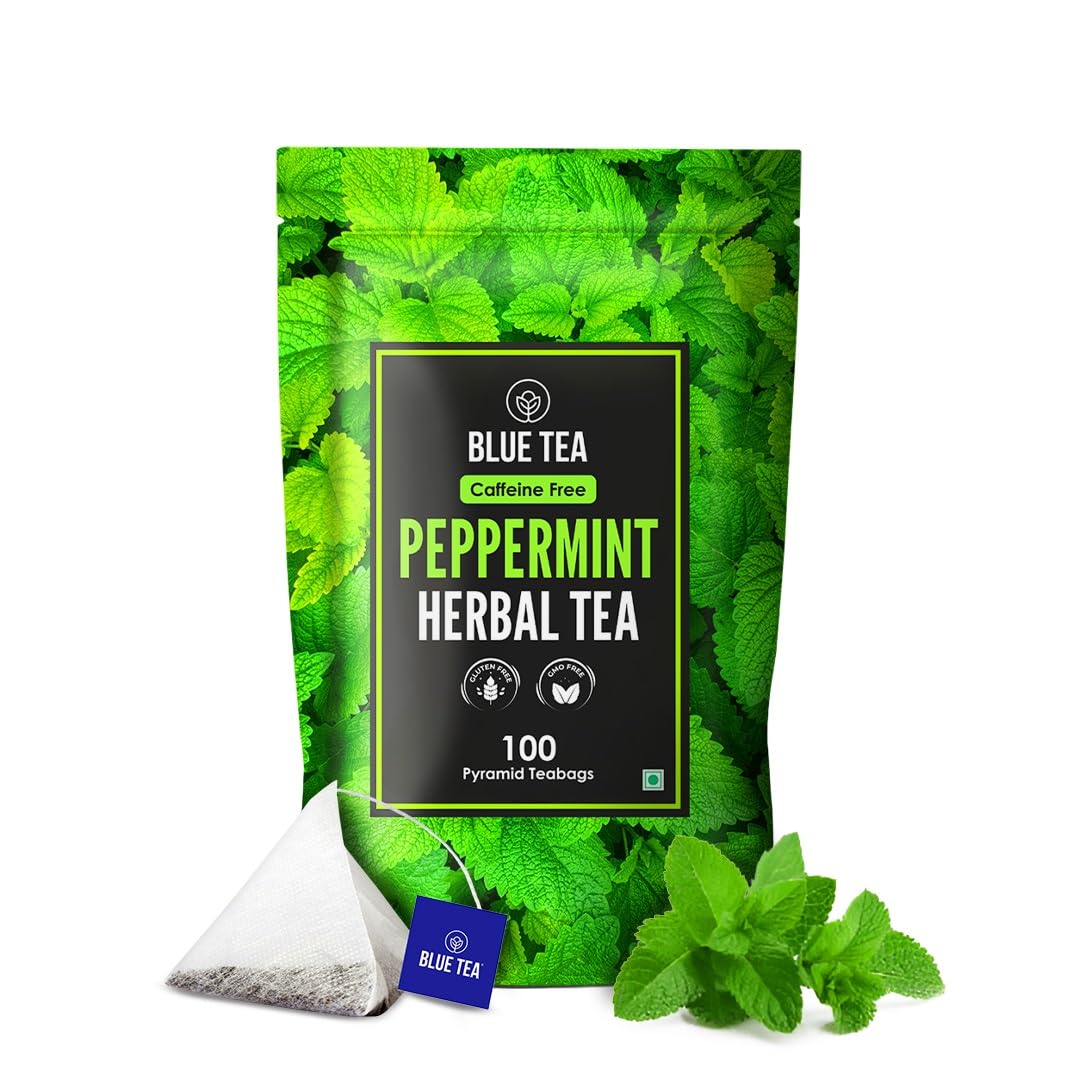 BLUE TEA Peppermint Herbal Tea Bags - Caffeine Free, Antioxidant Rich, 100 Count, Fresh Minty Flavor, Plant Based, Ziplock Pack