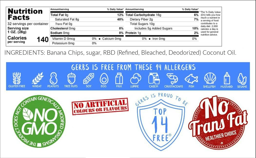 Gerbs Banana Chips Sweetened, 2 LBS - Unsulfured & Preservative Free - Top 14 Allergy Friendly & Non GMO - Product of Philippine