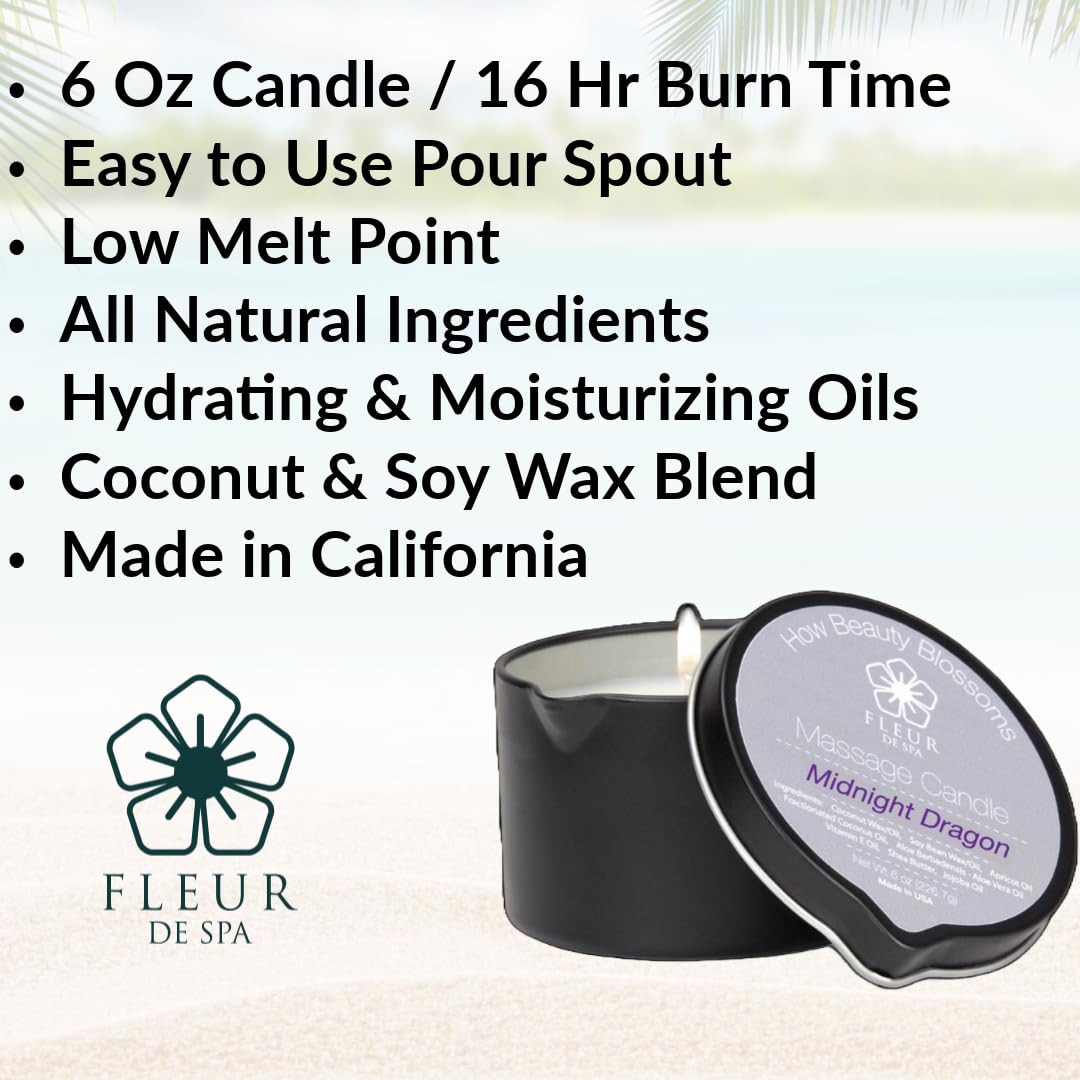 Massage Oil Candle By Fleur De Spa - All Natural - 6Oz With Pour Spout Made In Usa (Coconut)