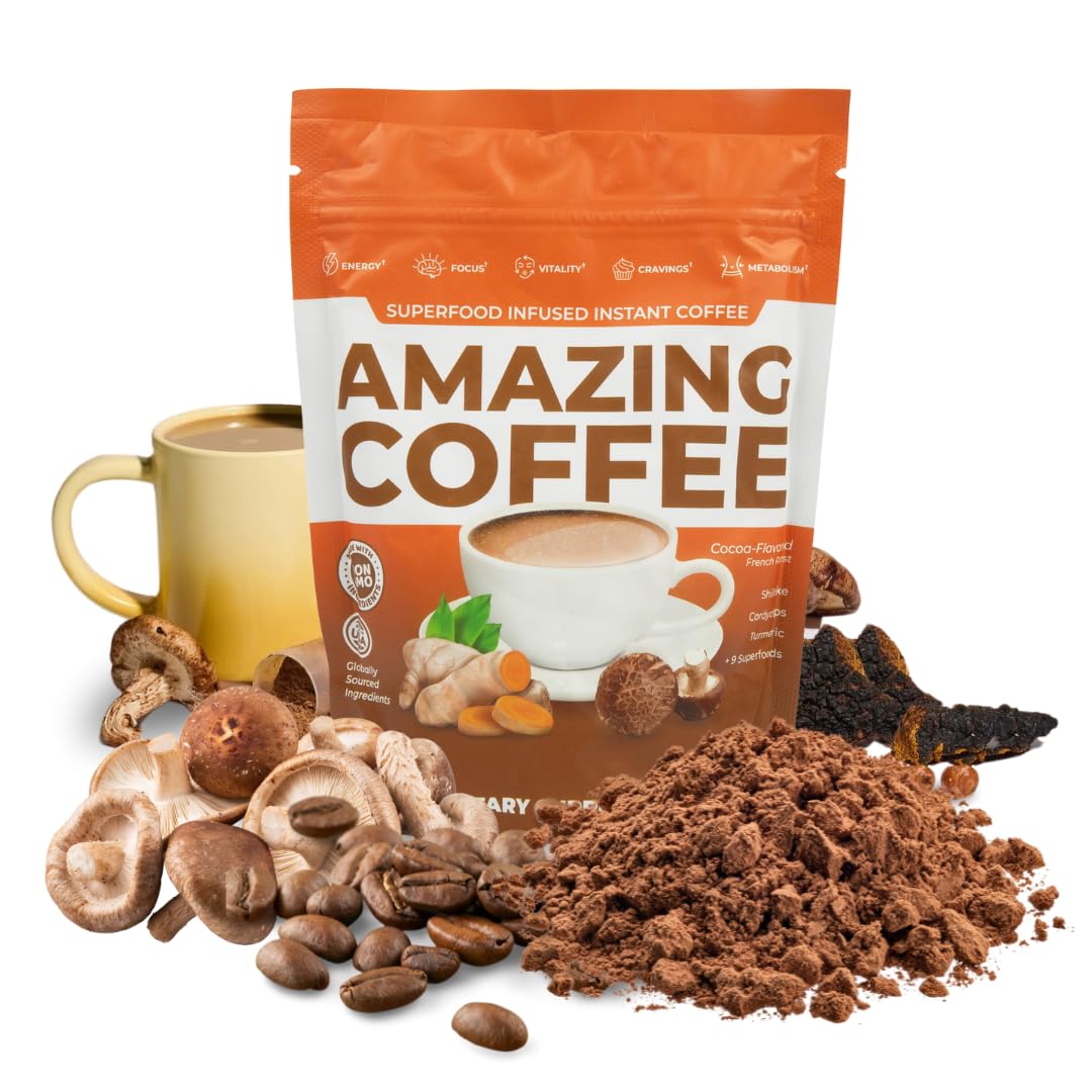 Superfoods Company |Amazing Coffee - Instant French Roast | Adaptogenic Mushrooms  Superfoods Infused - Energy  Focus  Digestion  Immunity - 30 Servings - Cocoa Flavor