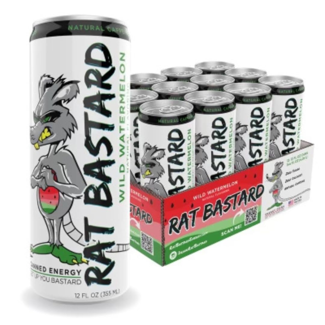 RAT BASTARD Energy Drink - Sugar-Free Caffeinated Beverage, Wild Watermelon Flavor, 12 fl oz Can (Case of 12)