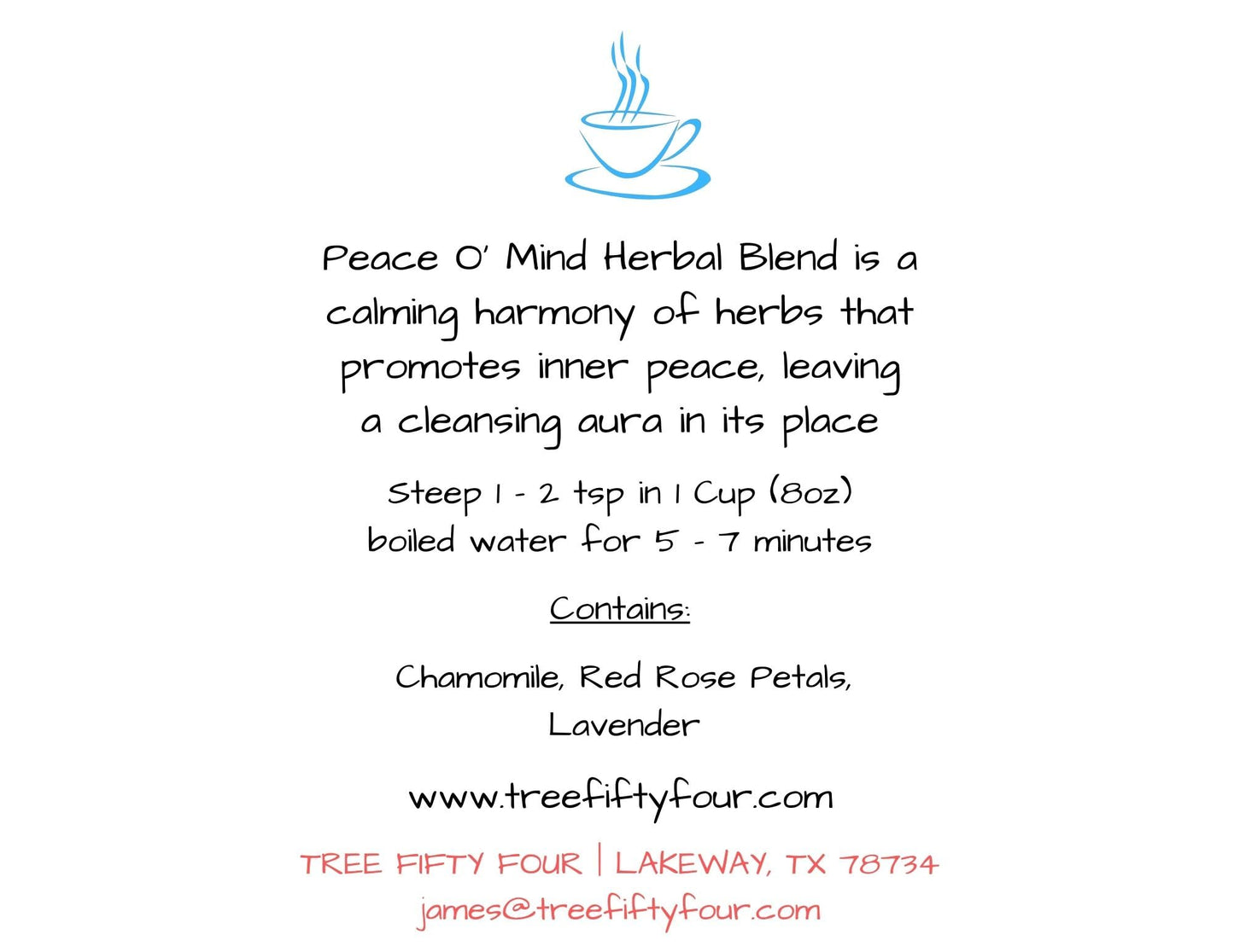 Peace O Mind Herbal Blend - Chamomile, Red Rose Petals, Lavender | Natural Caffeine Free Tea & Smoke Blend By Tree Fifty Four | 30 Cups