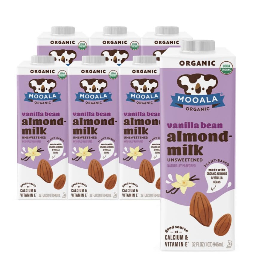 Mooala Organic Vanilla Bean Almond Milk Unsweetened 32 fl oz (Pack of 6) - Shelf-Stable, Lactose Free, Gluten-Free, Vegan, No Ad
